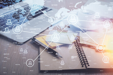 Aufkleber - Double exposure of social network drawing and desktop with coffee and items on table background. Concept of international connection.