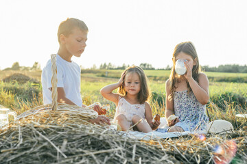 Portrait of cheery boy and two girls sitting on blanket in field, having picnic, drinking milk and eating bread. Relaxing time. Talking and having fun. Light sunny day. Horizon