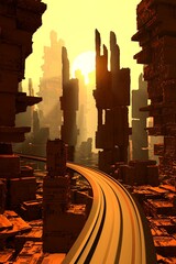 futuristic architecture rendering with highway. science fiction cityscape in sunset colors. 3d rende