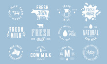 Dairy And Milk Products Labels, Emblems And Logos. Milk Logo Set With Cow Silhouette, Milk Drop And Splash, Bottle. Trendy Vintage Design. Vector Illustration