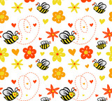 Fototapeta Dinusie - Funny Bee seamless pattern with colorful summer flowers. Hand drawn background