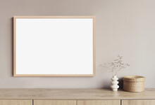 Blank Picture Frame Mockup On Gray Wall. White Living Room Design. View Of Modern Scandinavian Style Interior With Artwork Mock Up On Wall. Home Staging And Minimalism Concept