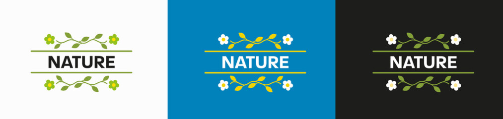 Poster - Vector eco logo with text in the center, yellow, green twigs, flowers.