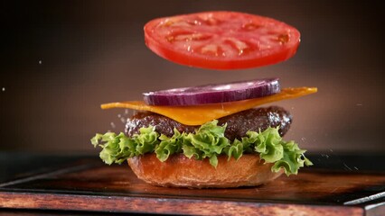 Sticker - Beef Burger Ingredients Falling and Landing in the Bun. Super Slow Motion at 1000 fps.