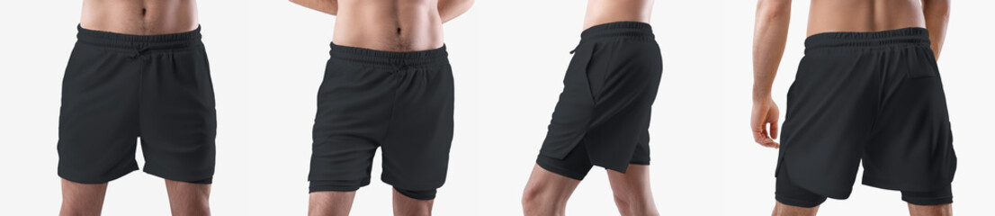 Mockup of black loose shorts with underpants compression line on athletic man, front, side, back view, male sportswear, isolated on background.