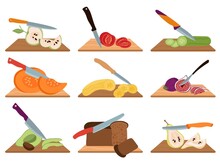 Raw Food Cutting. Chef Cut Vegetables And Fruits With Knife On Wood Board. Healthy Shack, Salad Ingredients Prepare. Chop Bread And Meal Decent Vector Set