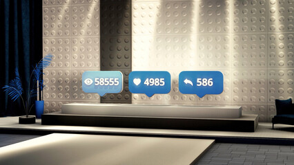 Poster - Growing numbers of views, likes, and shares, concept of social media and online information absorption. Motion. Blue social net icons on the pedestal under spotlights.