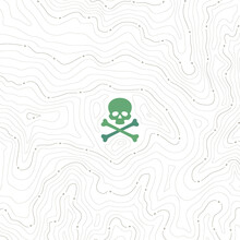 Vector Background With Texture Topographic Contour Line, Isolines With Green Skull With Crossbones. Danger Place. Isolated On White Background.