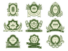 Money Templates. Vintage Design Labels With Green Decorative Botanical Frames And Place For Text Recent Vector Money Pictures Set