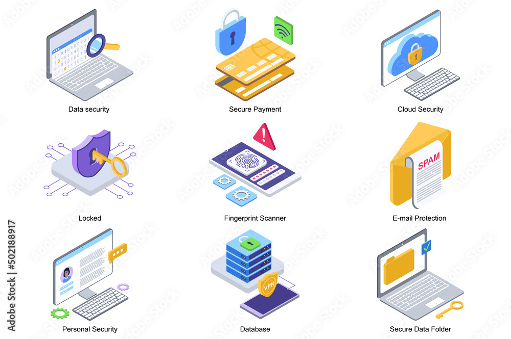 Data security concept 3d isometric icons set. Pack elements of secure ...