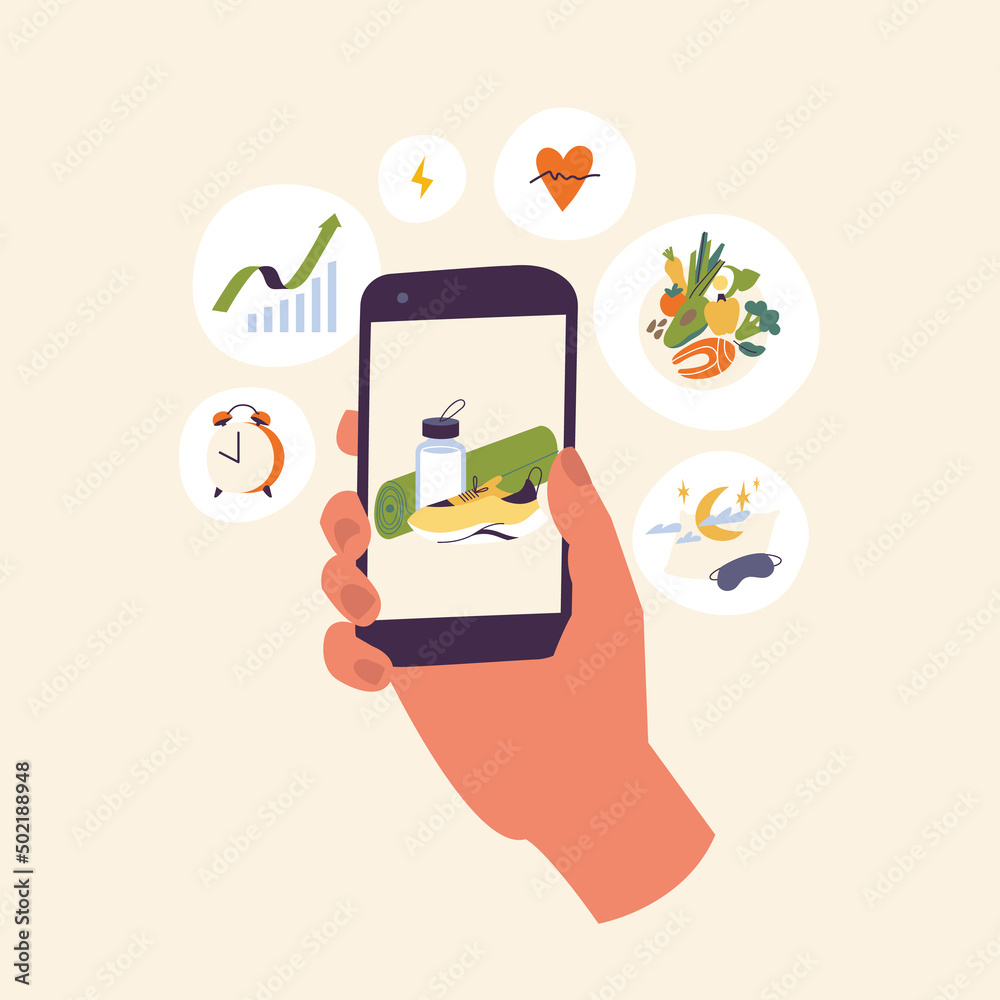 Vector Illustrations hand holding mobile smart phone app with track ...