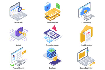 Aufkleber - Data security concept 3d isometric icons set. Pack elements of secure payment, locked, fingerprint scanner, email protection, database and secure folder. Vector illustration in modern isometry design