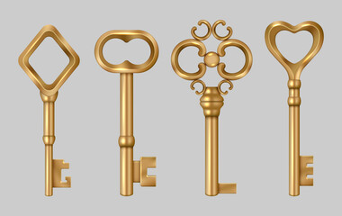 Poster - Golden vintage key. Metal medieval entrance symbols house secret key for lock decent vector realistic templates