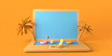 Fototapeta  - Summer vacation concept with laptop and pool. Online vacation booking. Copy space. 3D illustration.