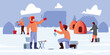 Outdoor fishing. Winter seasonal extreme fishing characters in hot clothes garish vector frozen lake cartoon background
