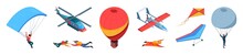 Air Adventure. Hang Gliders Air Balloons Parachuting Tandem Jumpers Garish Vector Flying Travellers