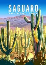Desert Landscape With Cactuses In The First Plan And The Mountains In The Background. Saguaro National Park Travel Poster. Handmade Drawing Vector Illustration.