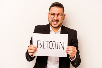 Hispanic business man holding a bitcoin placard isolated on white background