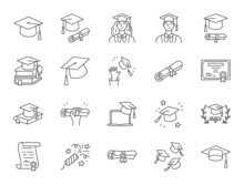 Graduation Doodle Illustration Including Icons - Student In Cap, Diploma Certificate Scroll, University Degree . Thin Line Art About High School Education. Editable Stroke