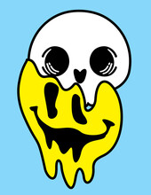 Smiling Skull Skeleton Smiley Face. Smiley Dripping From The Skull, Emojis. Retro Distorted Melting Smiley Emoji Face. Smile Melt Face. Halloween T-shirt Sticker, Logo, Tattoo