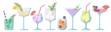 Summer Beach Cocktails. Drinks Mix, Drink Minimalist Style. Gin Vodka Cocktail, Simple Glass With Cut Fruits And Ice Cube. Creative Weekend Party Swanky Vector Elements