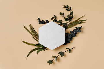 Wall Mural - marble hexagon on green herbs. stylish background for presentation. natural skincare beauty product 