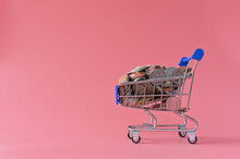 Many Coins In The Blue Shopping Cart Isolated On Pink Background And Copy Space, Saving And Investment Concept