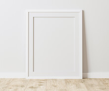 Blank White Frame With Mat On Wooden Floor With White Wall, 4:5 Ratio - 40x50 Cm, 16 X 20 Inches, Poster Frame Mock Up, 3d Rendering