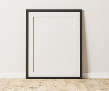 Empty Black Frame With Mat On Wooden Floor With White Wall, 4:5 Ratio - 40x50 Cm, 16 X 20 Inches, Poster Frame Mock Up, 3d Rendering