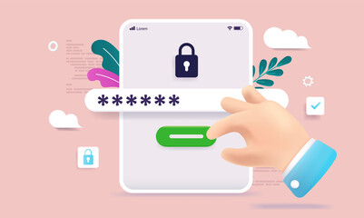 Leinwandbilder - Tablet password and security - Device screen with login, lock and field with hidden password. Semi flat vector illustration