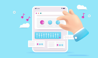 Aufkleber - Music app on tablet - Vector illustration of device screen with musical knobs and hand interacting. Making music just for fun concept