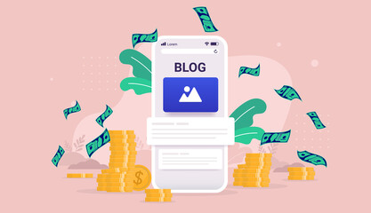 Poster - Blog money and income - Smartphone with website on screen and paper money and coins in background. Making money online concept. Vector illustration