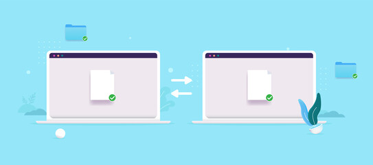Poster - File sharing - Two laptop computers syncing files and folders. Flat design vector illustration with blue background