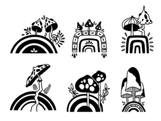 Wall Mural - mystical boho rainbow and mushrooms isolated vector clip art bundle, magic hand drawn celestial mush