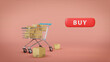 3d illustration of shopping cart full of paper boxes with button buy.