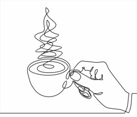 Wall Mural - Single one line drawing hand  holding cup of hot coffee or tea.  Continuous line draw design graphic vector illustration. Order a banner for one line drawing.