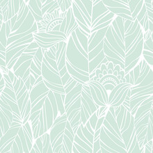 Seamless Pattern From Leaves And Flowers. Green And White Background.