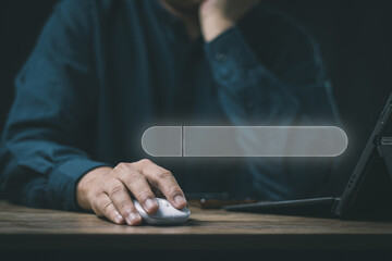 Wall Mural - The concept of using technology to search for information, a man's hand is using a smartphone to search for information on social media via the Internet online.
