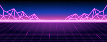 Retro Futuristic 1980s Style Mountain Landscape Background Glowing Sun Planet And Vertical Line Laser. 80s Sci-fi Digital Space Surface Grid With Bright Neon Light Effect Horizon Vector Illustration.	