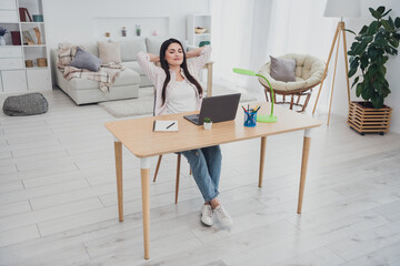 Sticker - Portrait of attractive trendy serene long-haired woman copywriter using working remotely rest time at home indoors