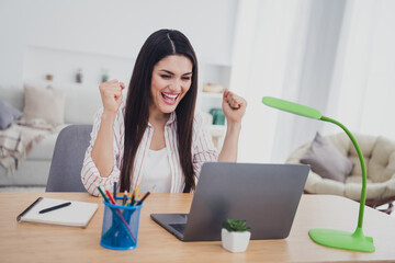 portrait of attractive trendy cheerful lucky long-haired woman using laptop rejoicing having fun at 