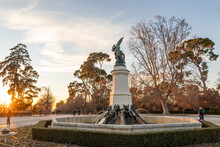 Madrid, Spain. The Fuente Del Angel Caido (Monument Of The Fallen Angel), A Fountain Located In The Buen Retiro Park