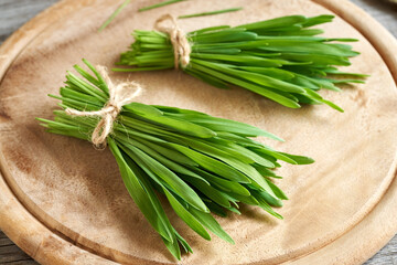 Fresh green barley grass on a wooden cutting board