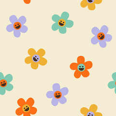 Wall Mural - Seamless vector pattern with abstract groovy flowers. 70s, 80s, 90s vibes funky floral background. Vintage nostalgia texture for design and print