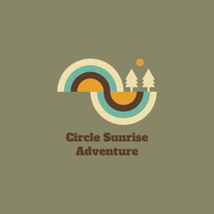 Vintage outdoor adventure summer camp logo. Vector emblem design. Vintage logo with tree, half circle, and sun. For sticker, t shirt, and patch. 