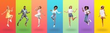 Joyful Multiracial People Jumping Up On Colorful Backgrounds, Collage Set