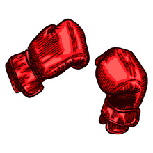 Red Boxing Gloves Sketch In Isolated White Background. Vintage Sporting Equipment For Kickboxing In Engraved Style.