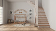 Modern space devoted to pets in white and wooden tones, dog room interior design. Window, staircase decorated with prints, kennel with gate, dog bed with pillows, carpet with toys