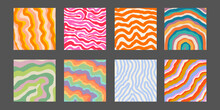 Set Of Cool Groovy Colorful Backgrounds Vector Design. Trendy Funky Hippie Psychedelic Pattern Collection.