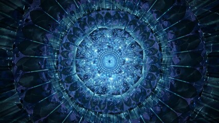 3D Psychedelic Fly Tunnel with Ice Patterns Design. Blue Elements Abstract Ice Fly Through. Party Visual seamless loop